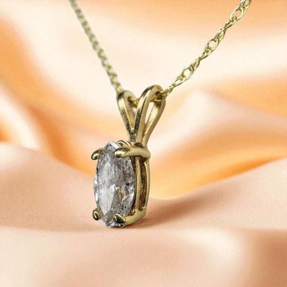 14k Gold- Natural Diamond Necklace- .40 CT- Marquise Diamond -18"- Solitaire-1g - Picture 8 of 16